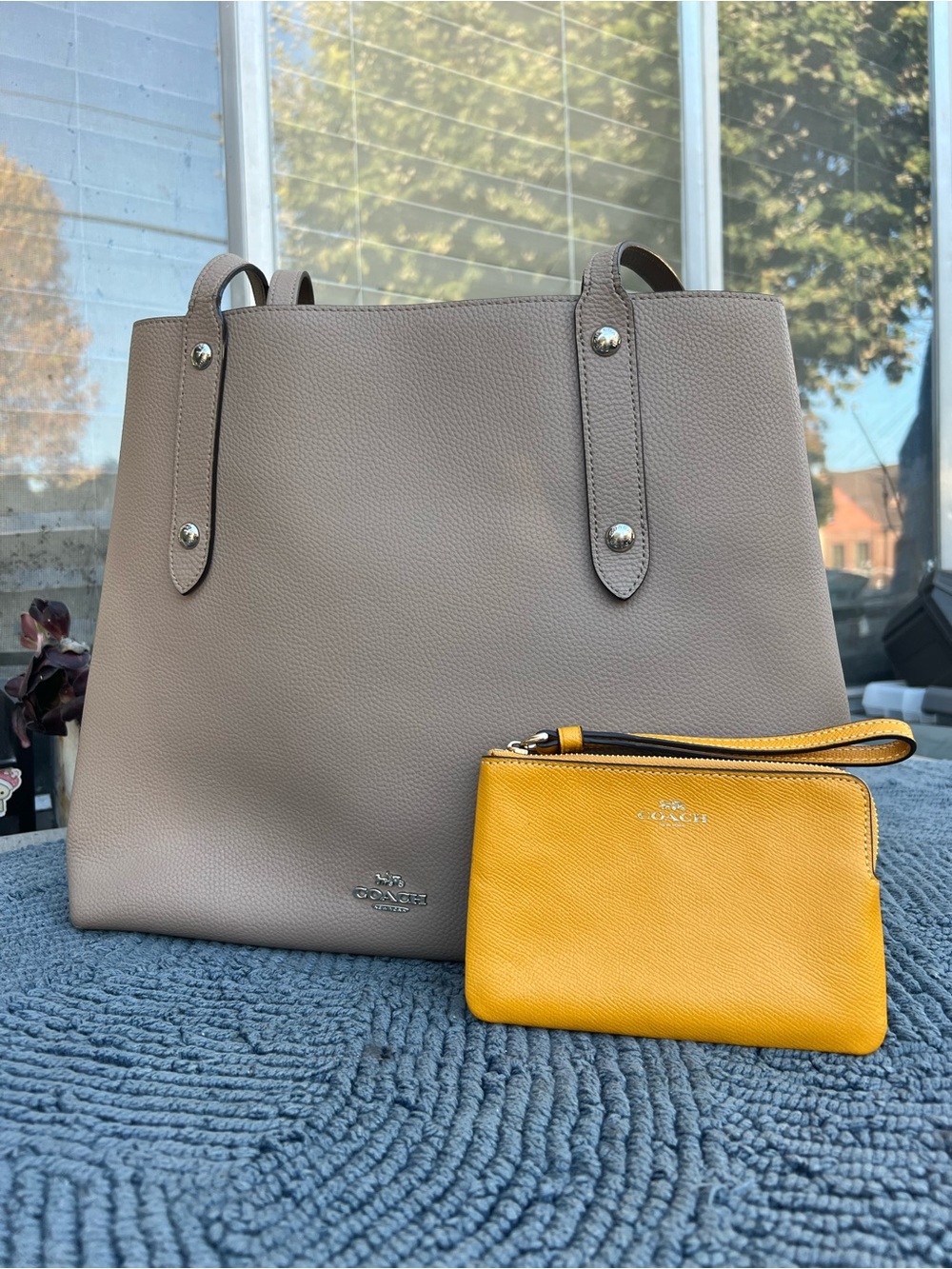 Coach Taupe Leather Tote with Yellow Wristlet